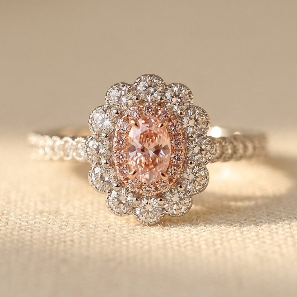 Roségouden ring met roze ovale steen en bloemhalo