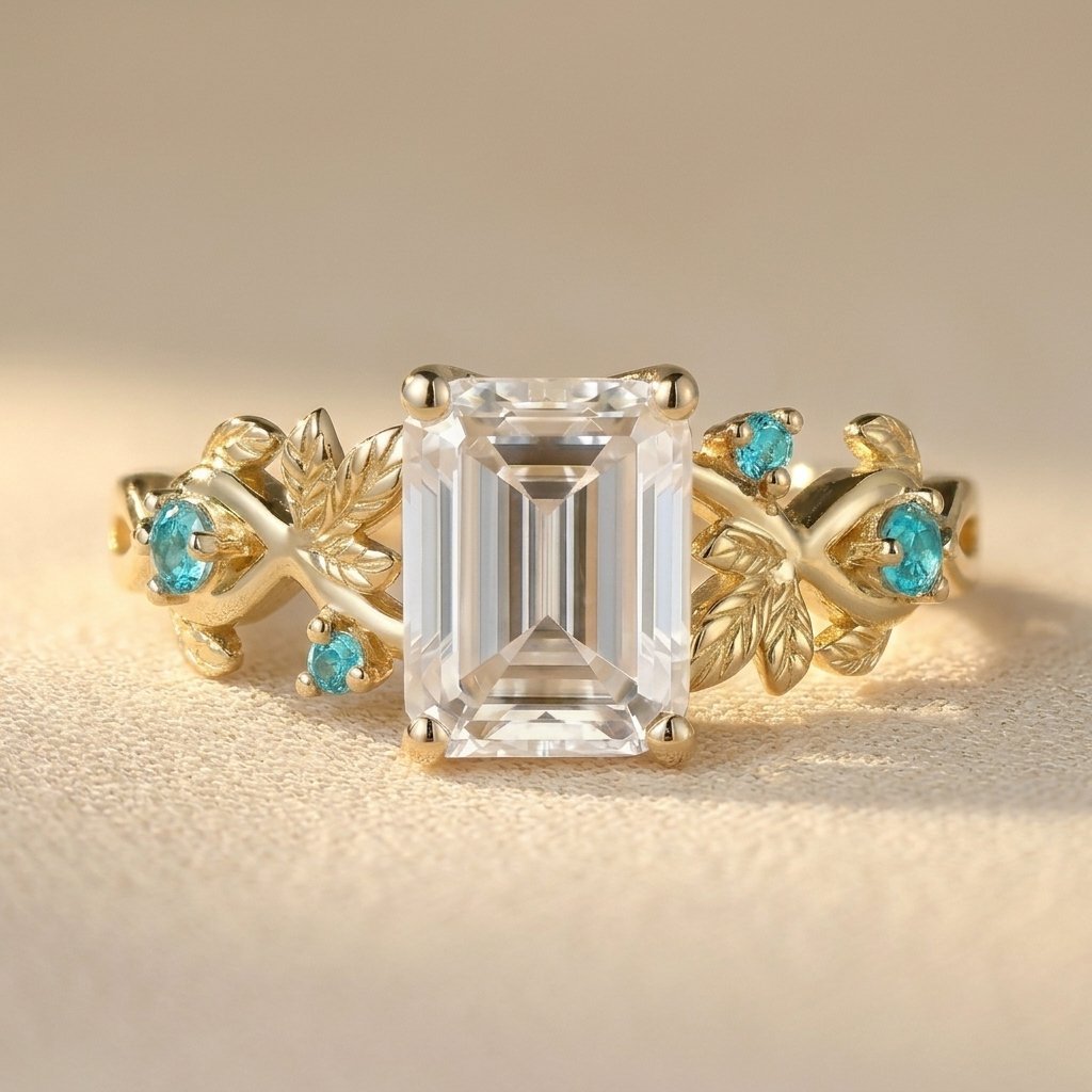 Gouden ring met grote witte steen en bladmotief