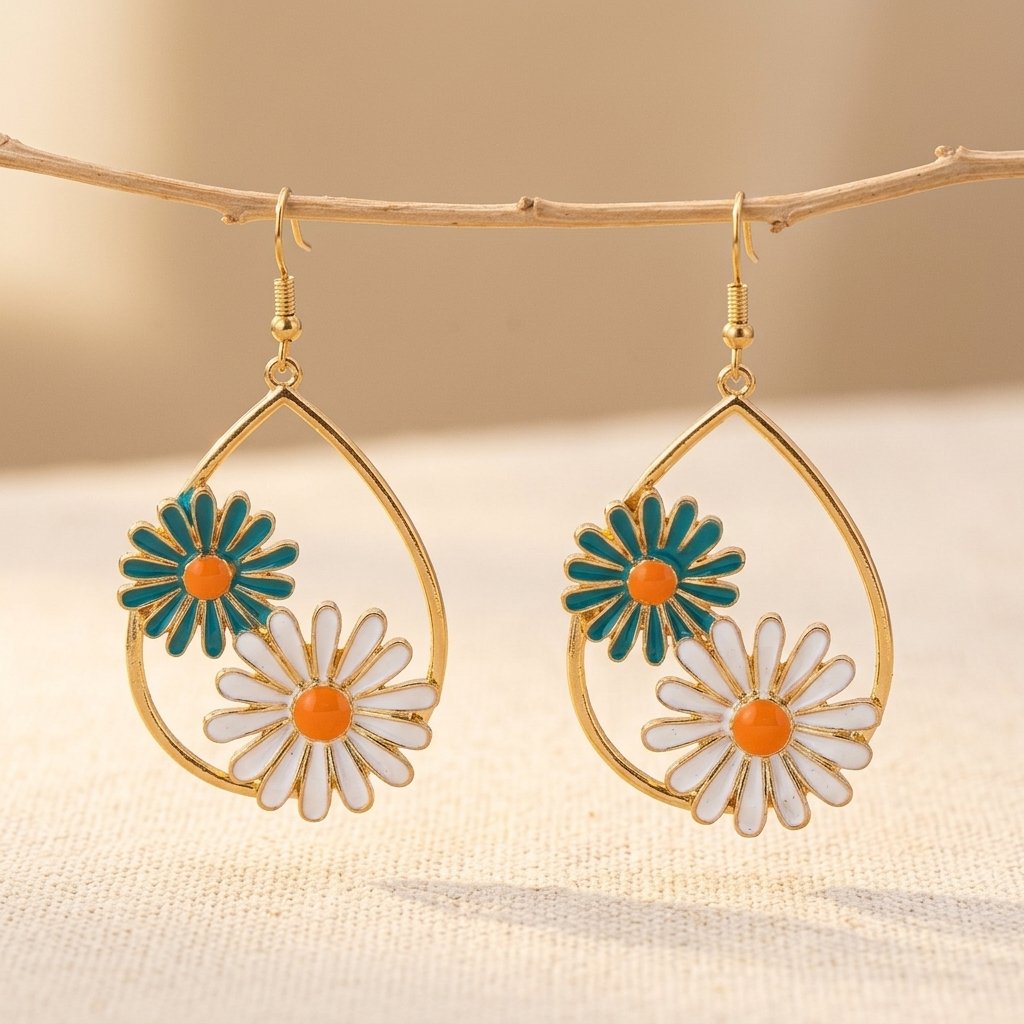 Gouden oorbellen met groene en witte madeliefjes