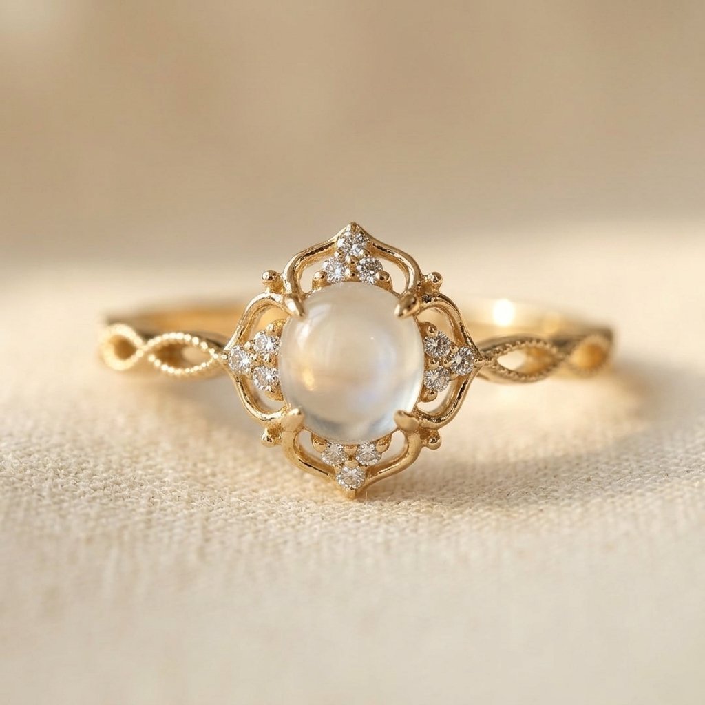 Gouden vintage ring met maansteen en bloemmotief