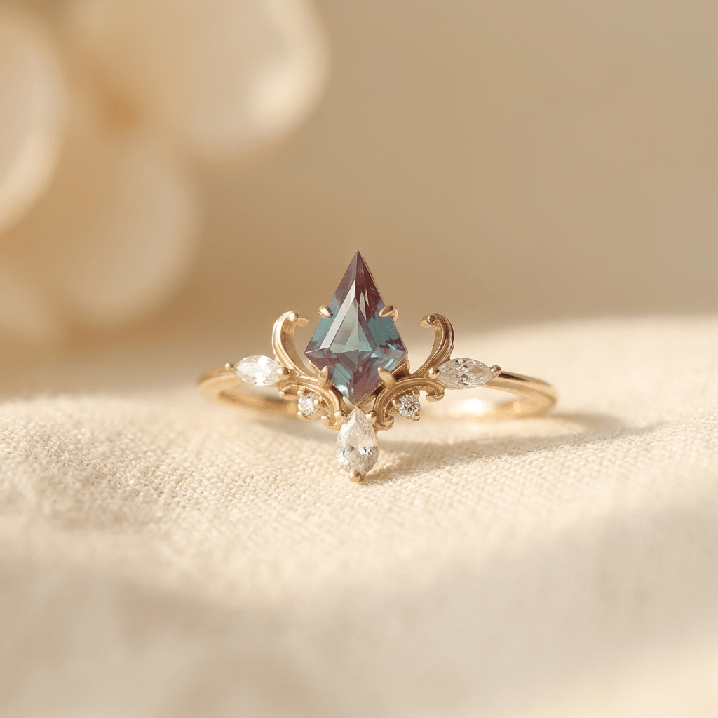 Gouden ring met kite-vormige teal steen en kroon