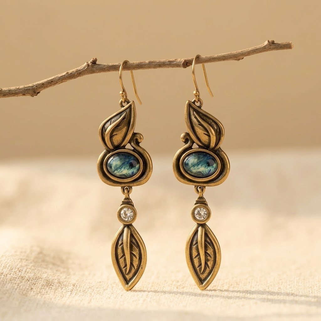 Bronzen vintage oorbellen met hart en bloem