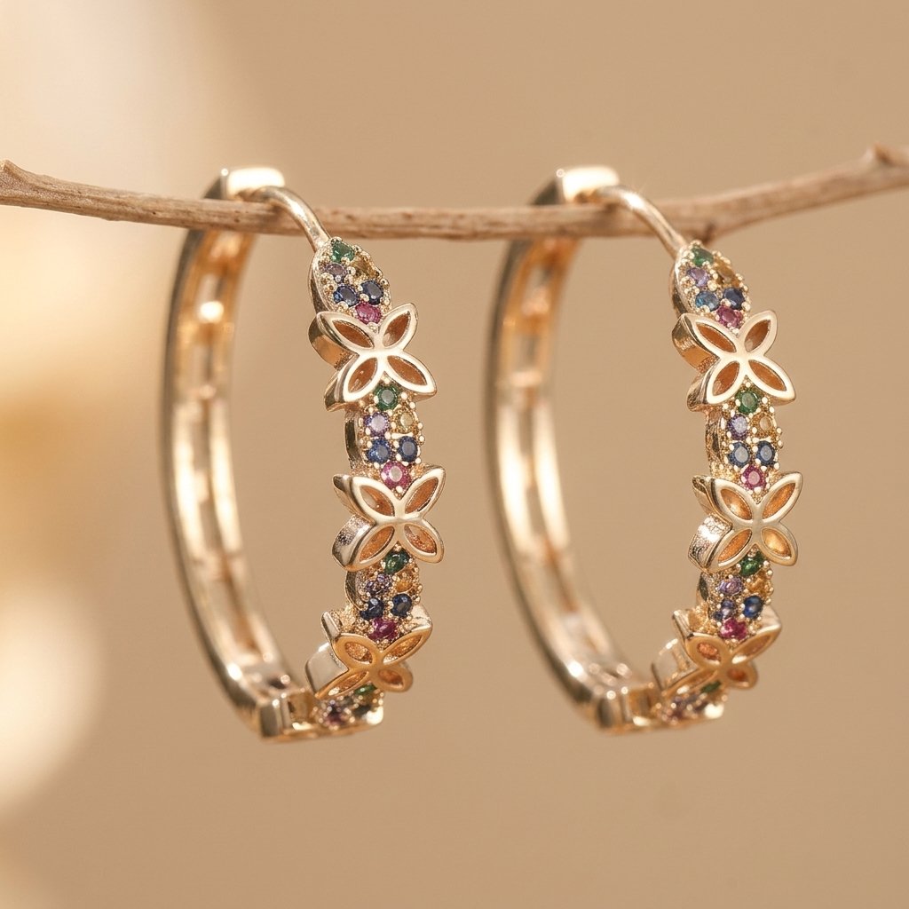 Gouden oorbellen met kleurrijke zirkonia bloemen