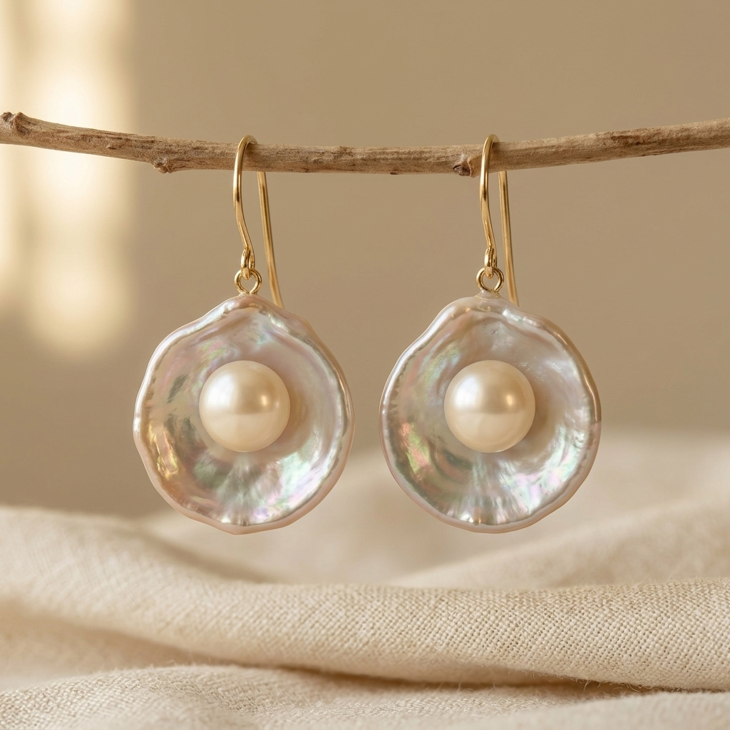 Gouden oorbellen met parelmoer schelp en parel