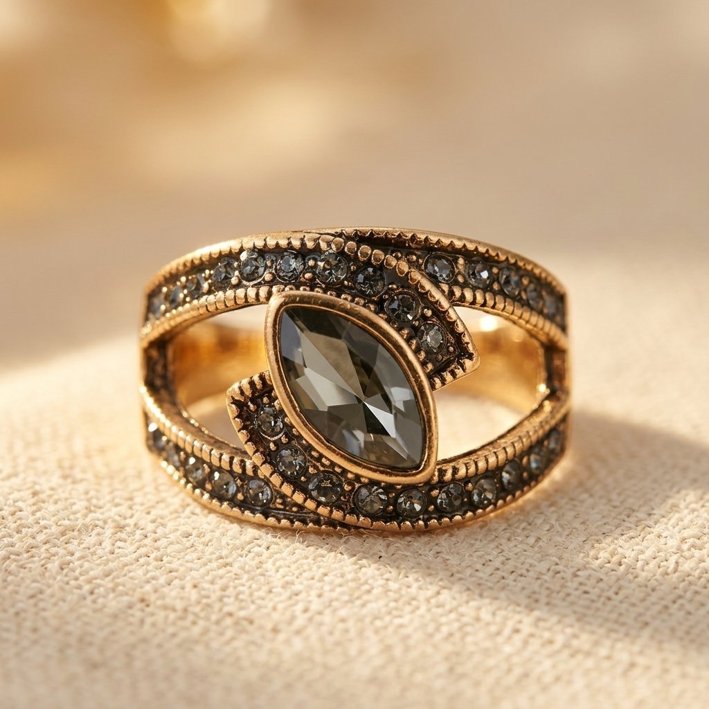 Vintage goudkleurige ring met grijs kristal