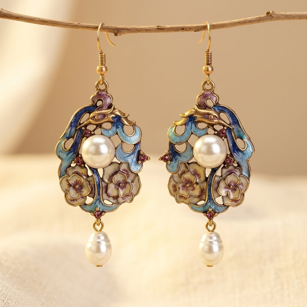 Gouden vintage oorbellen met blauw emaille en parel