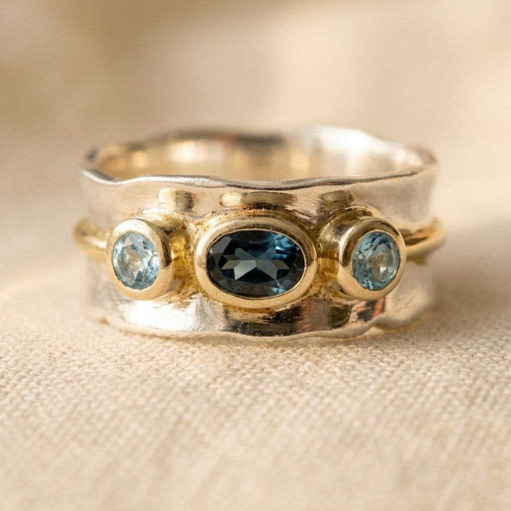Zilveren ring met blauwe topaas en goudkleurige accenten