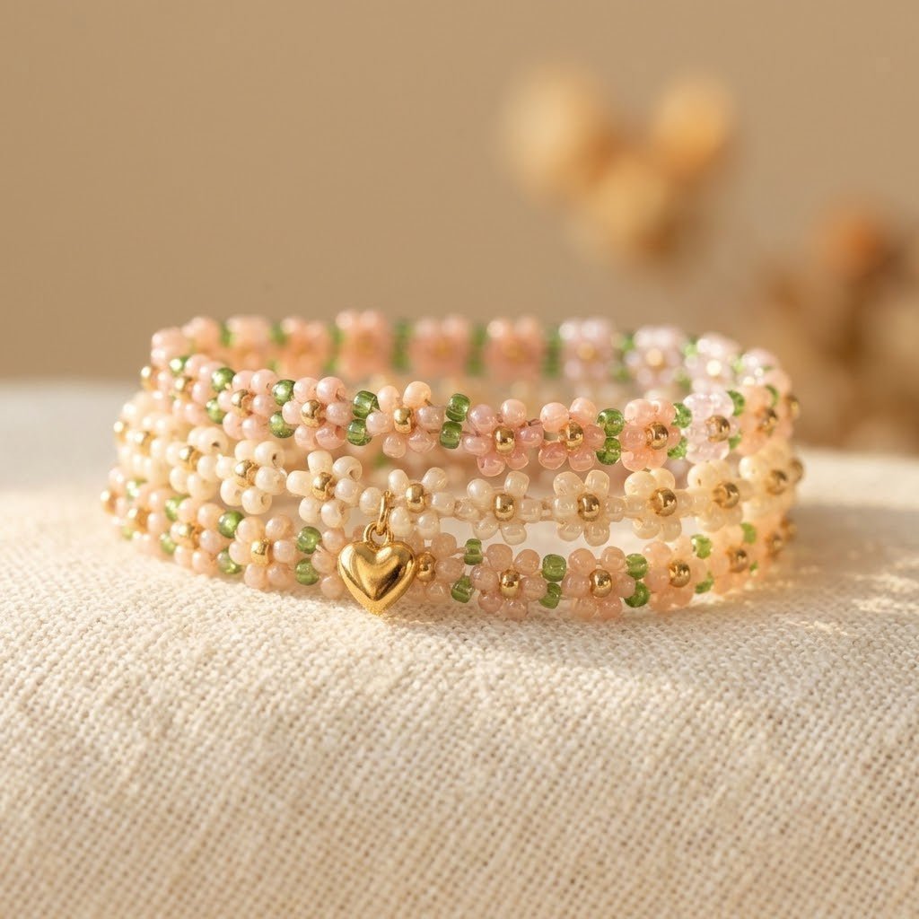 Bloemenkralen armbandenset met gouden hartje