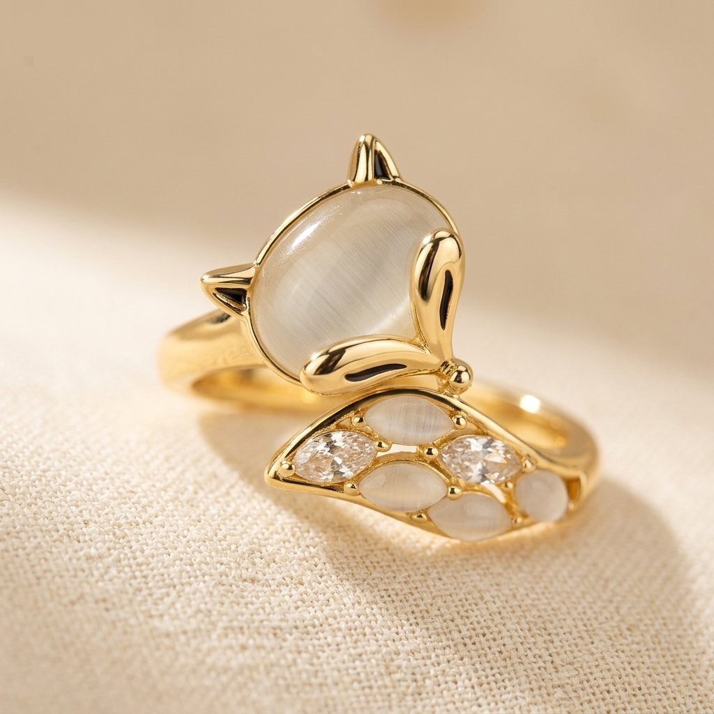Gouden vossenring met witte maansteen