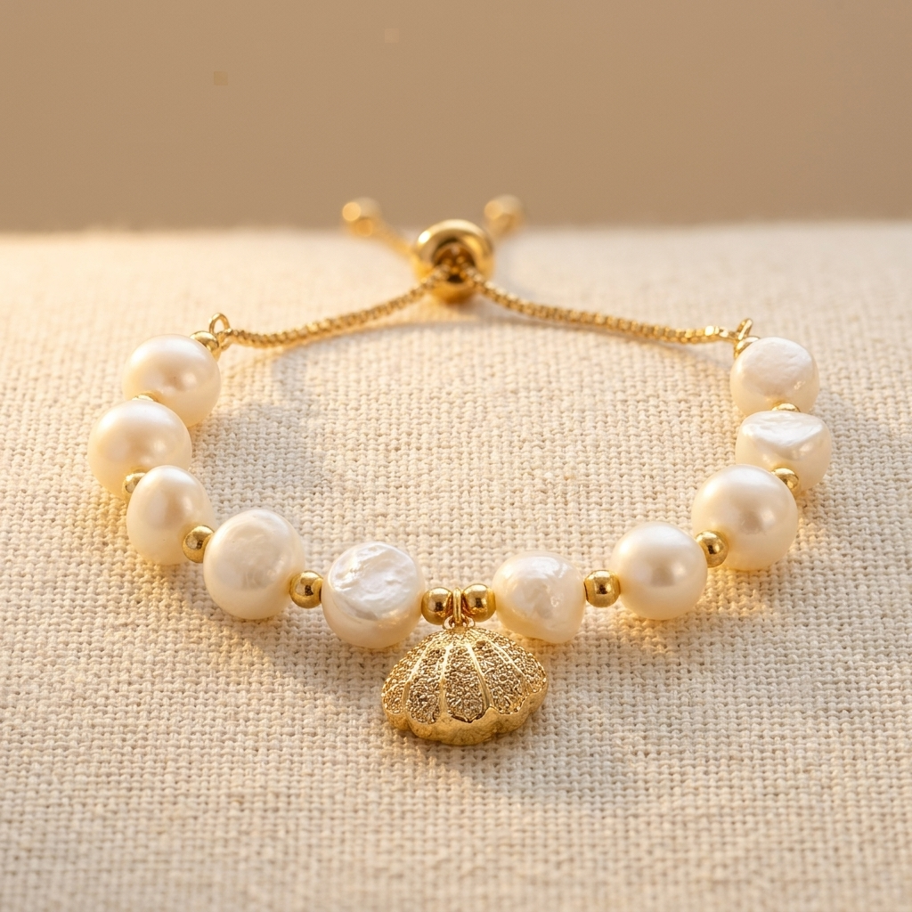 Gouden armband met parels en schelphanger