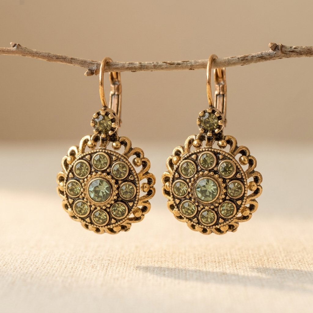 Goudkleurige vintage oorbellen met groene kristallen