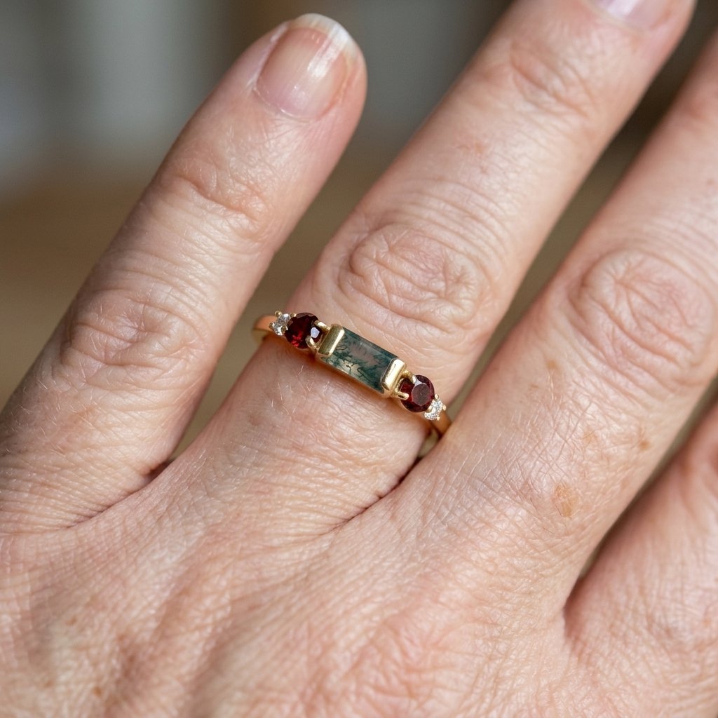 Gouden ring met mosagaat en granaat