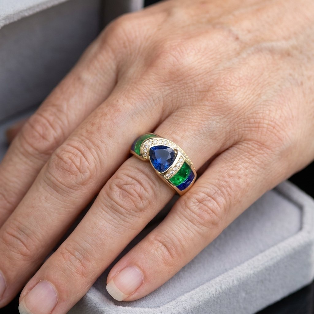 Gouden ring met blauwe steen en groen email