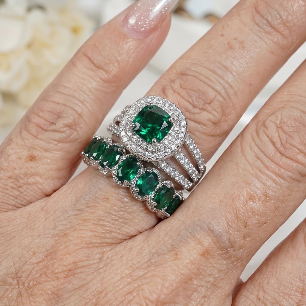 Zilveren ringenset met groene smaragd en halo