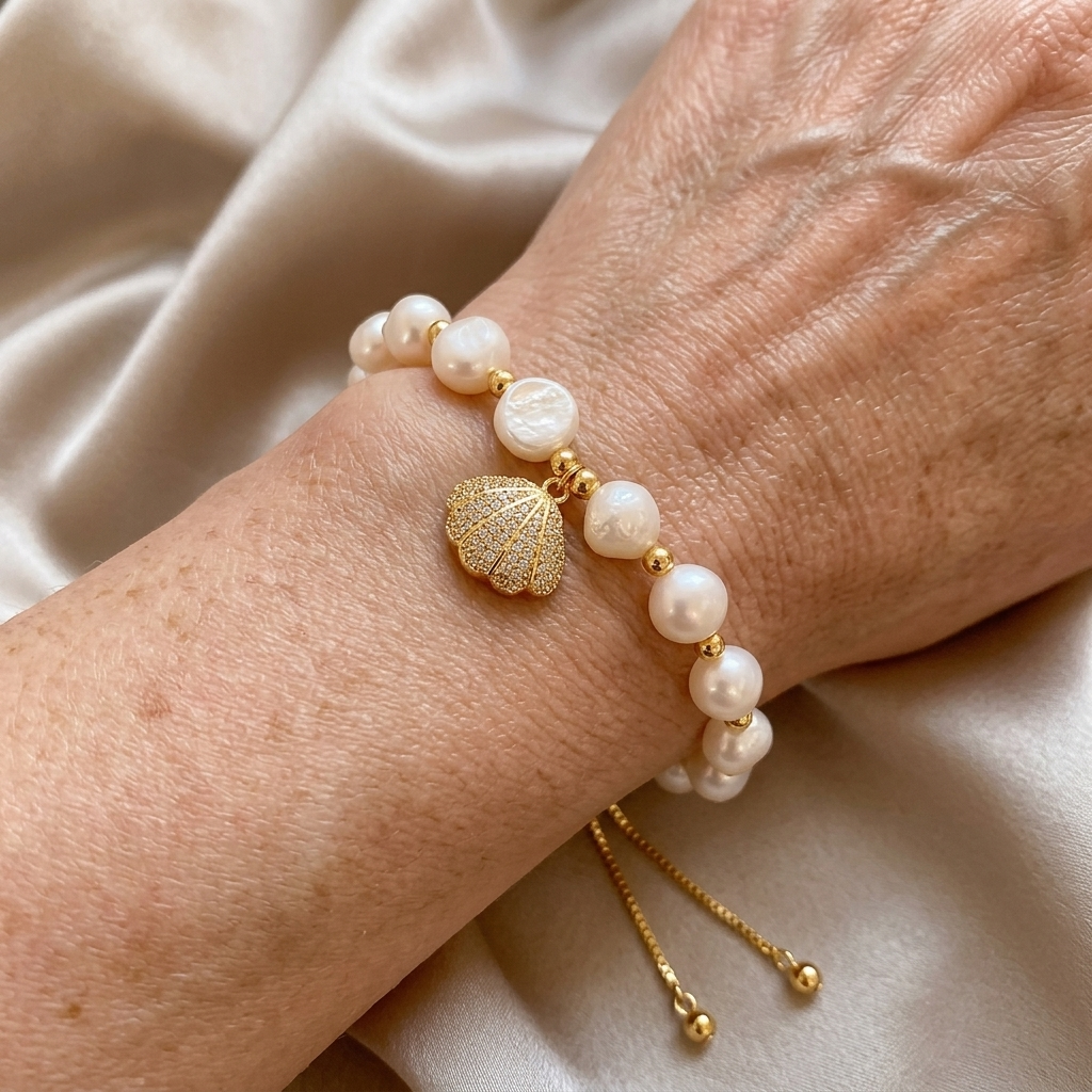 Gouden armband met parels en schelphanger