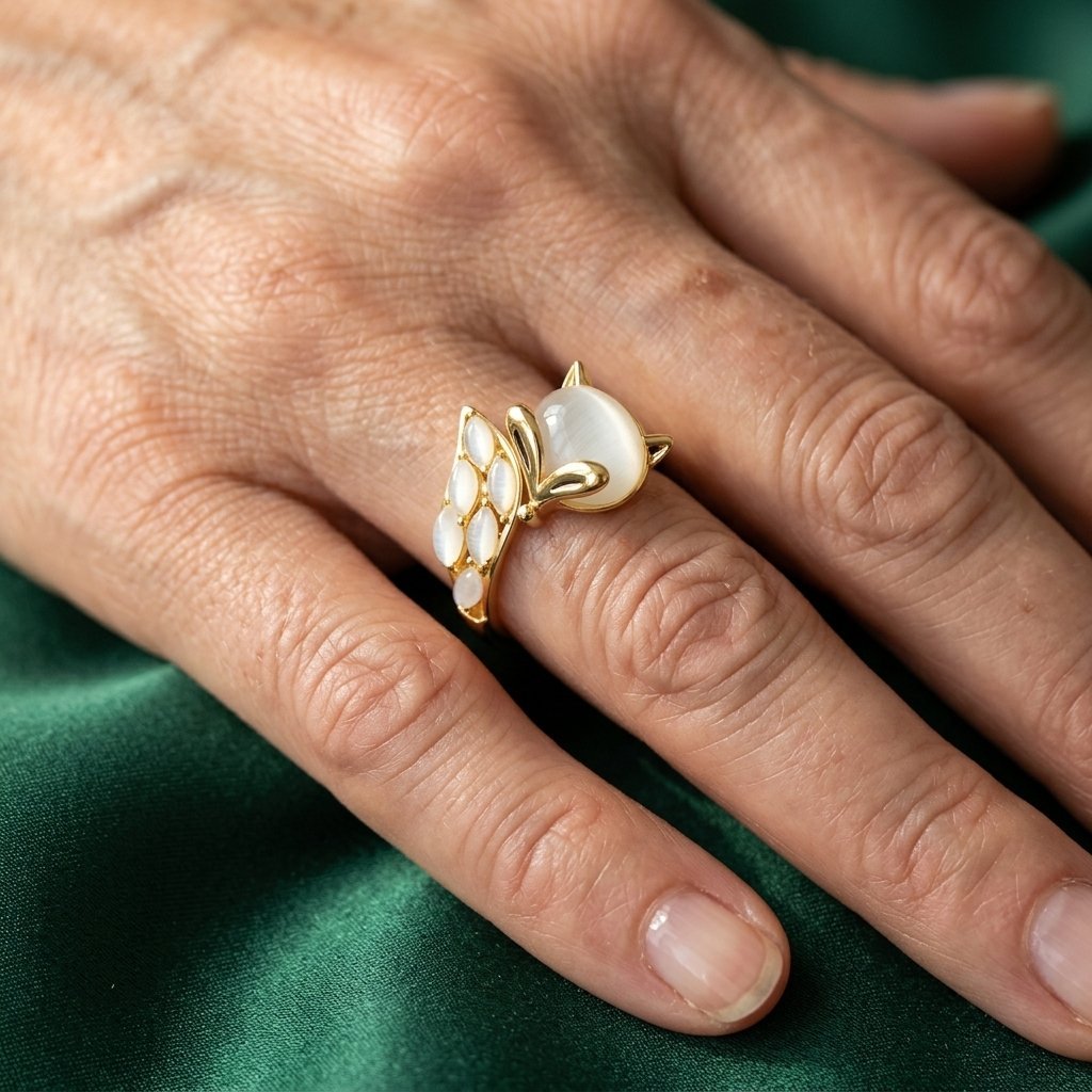 Gouden vossenring met witte maansteen