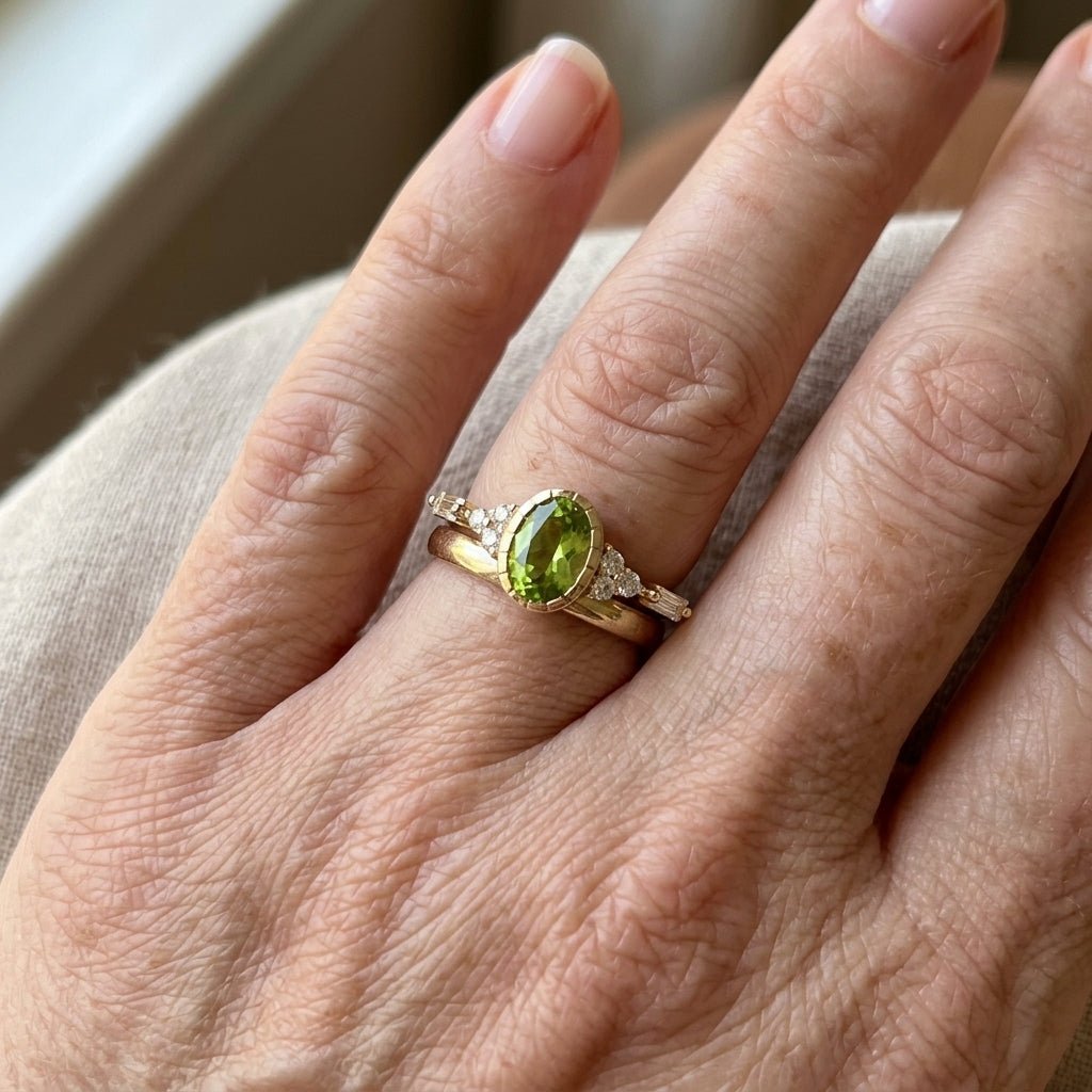 Gouden ring met ovale peridoot en baguette-diamant