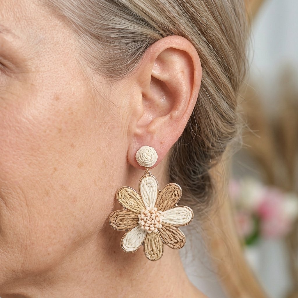 Bohemian oorbellen met geweven raffia bloem