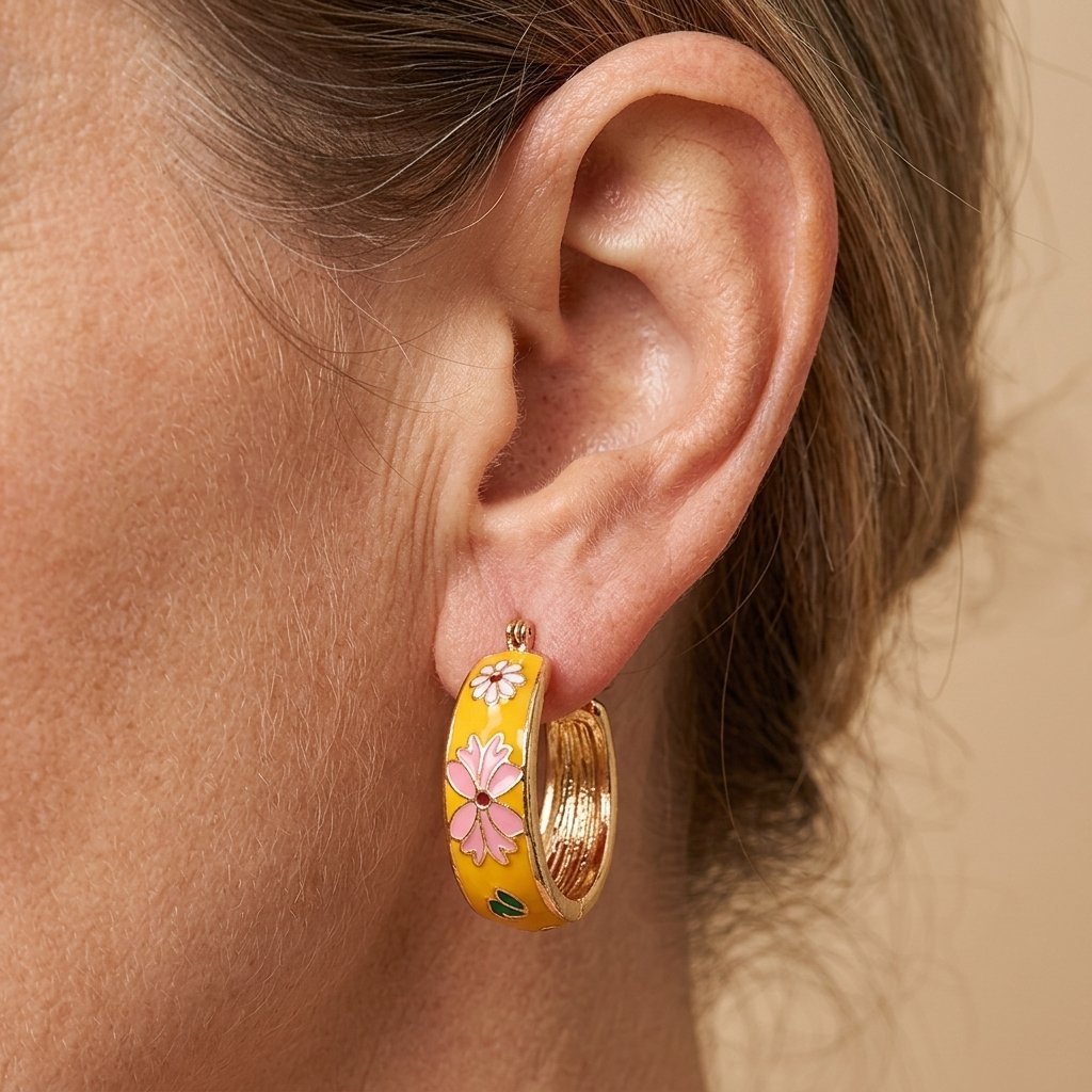 Gele emaille oorbellen met bloemen