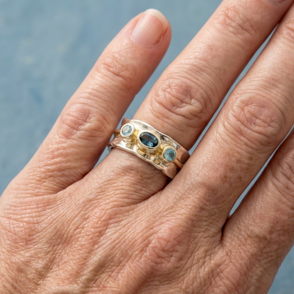 Zilveren ring met blauwe topaas en goudkleurige accenten