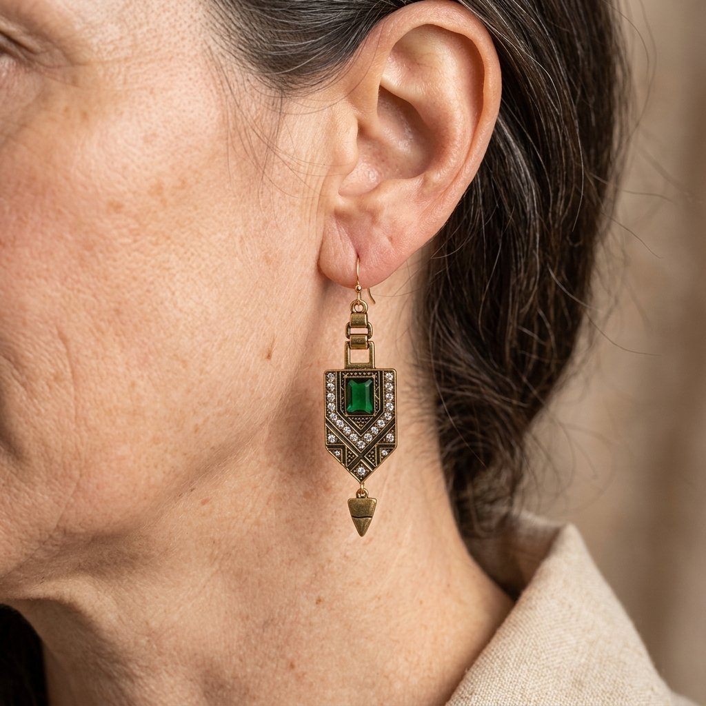 Gouden vintage oorbellen met groene steen en zirkonia