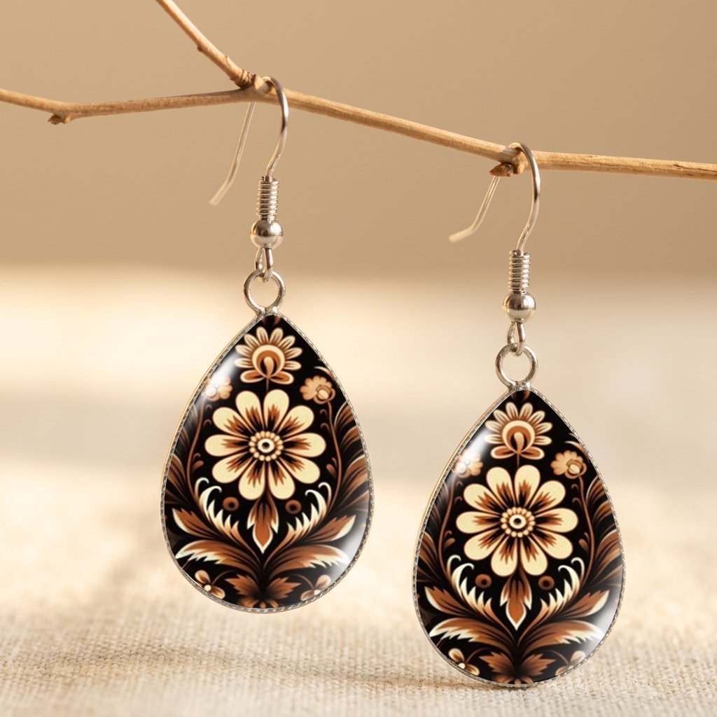 Zilveren druppeloorbellen met bohemian bloemmotief