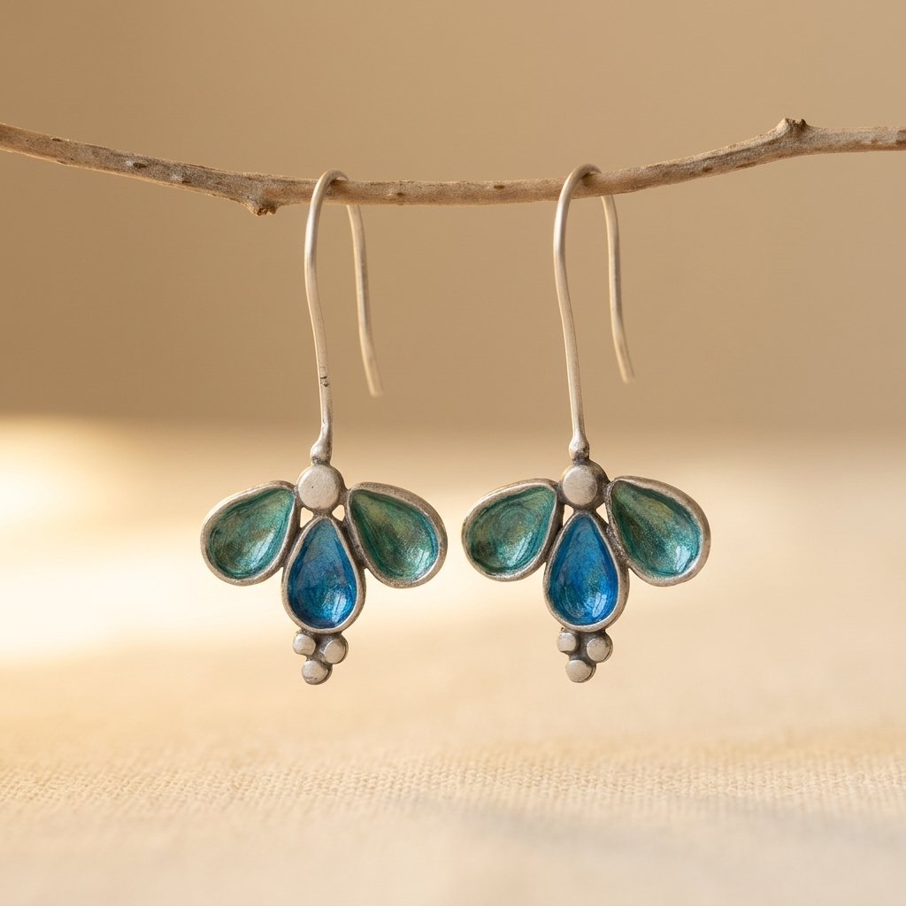 Asymmetrische gouden oorbellen met groene en blauwe stenen
