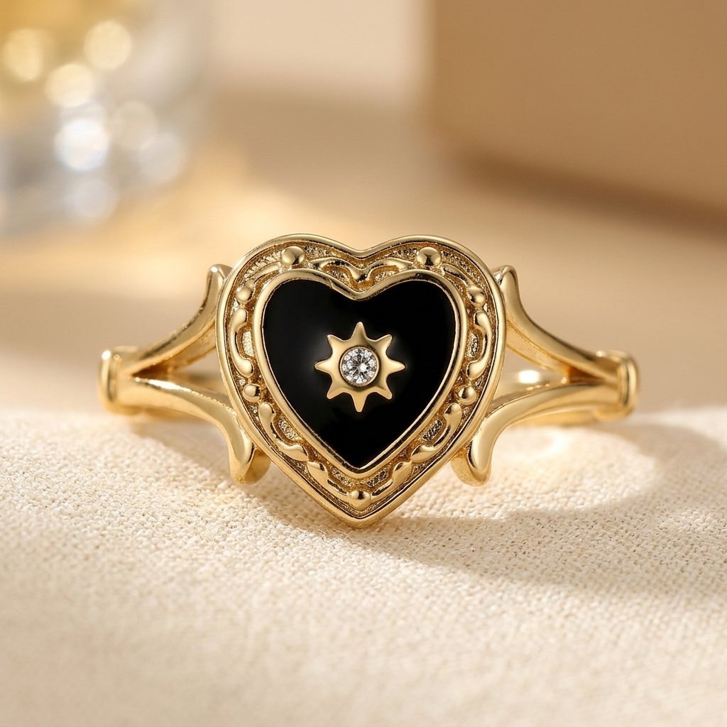 Gouden ring met zwart hart en ster