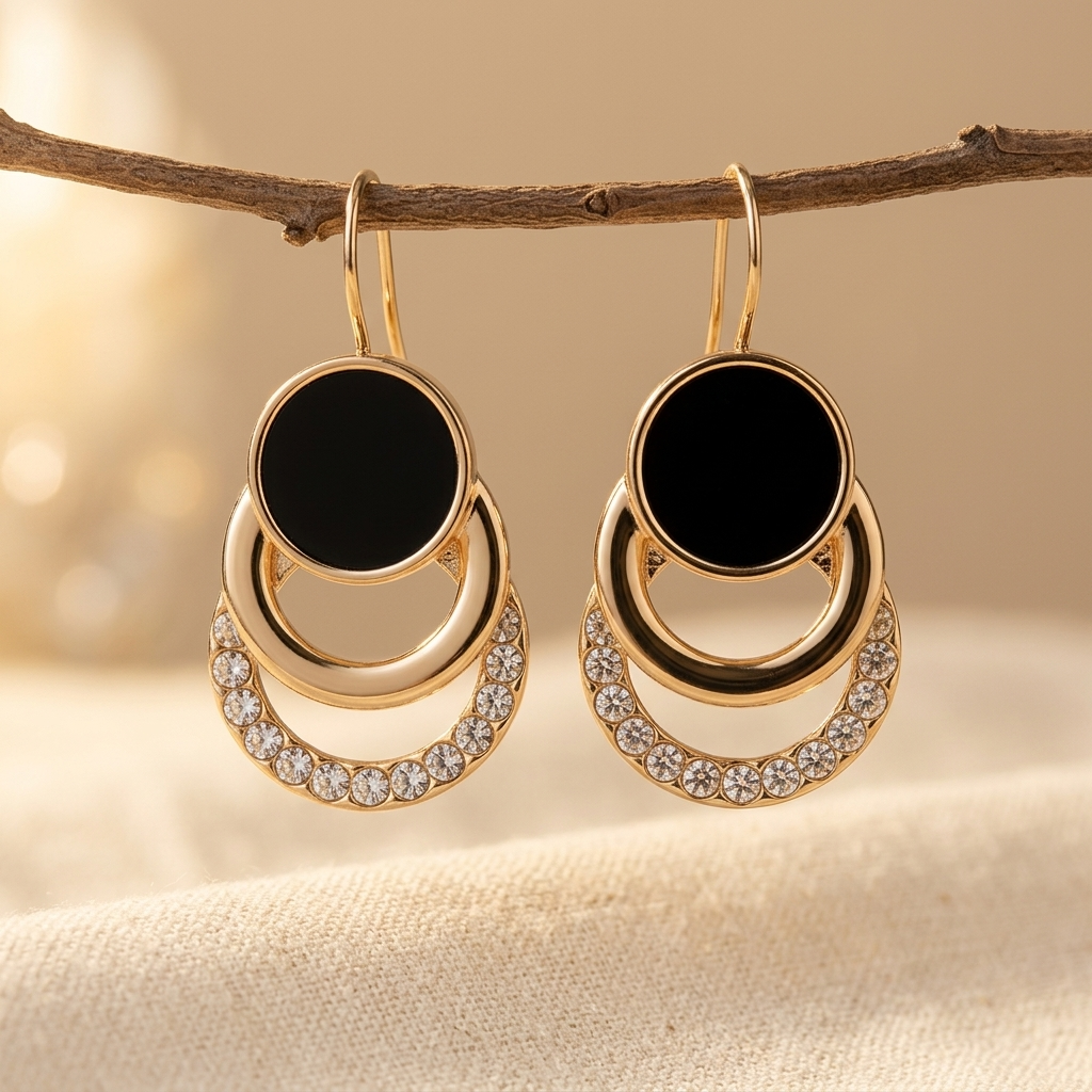 Gouden oorbellen met zwarte onyx en zirkonia