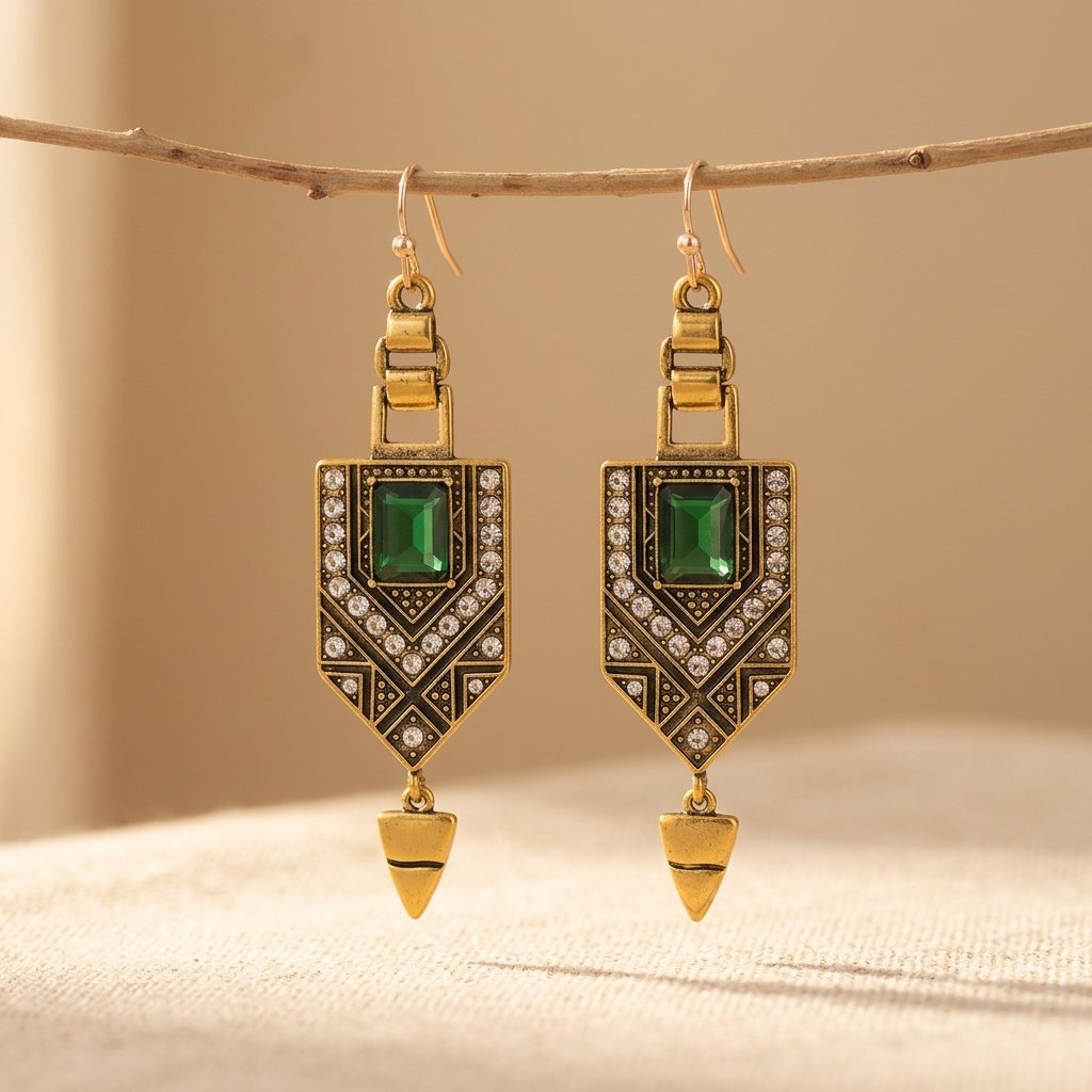 Gouden vintage oorbellen met groene steen en zirkonia