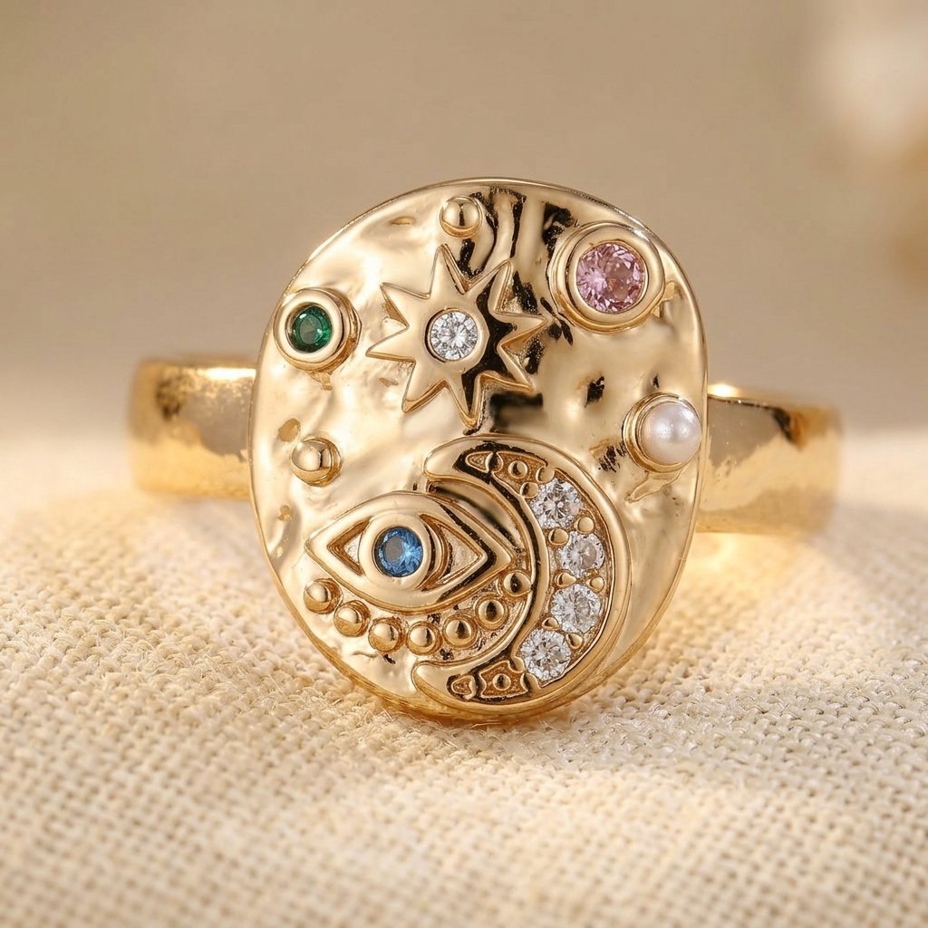 Gouden ring met oog, maan en sterren