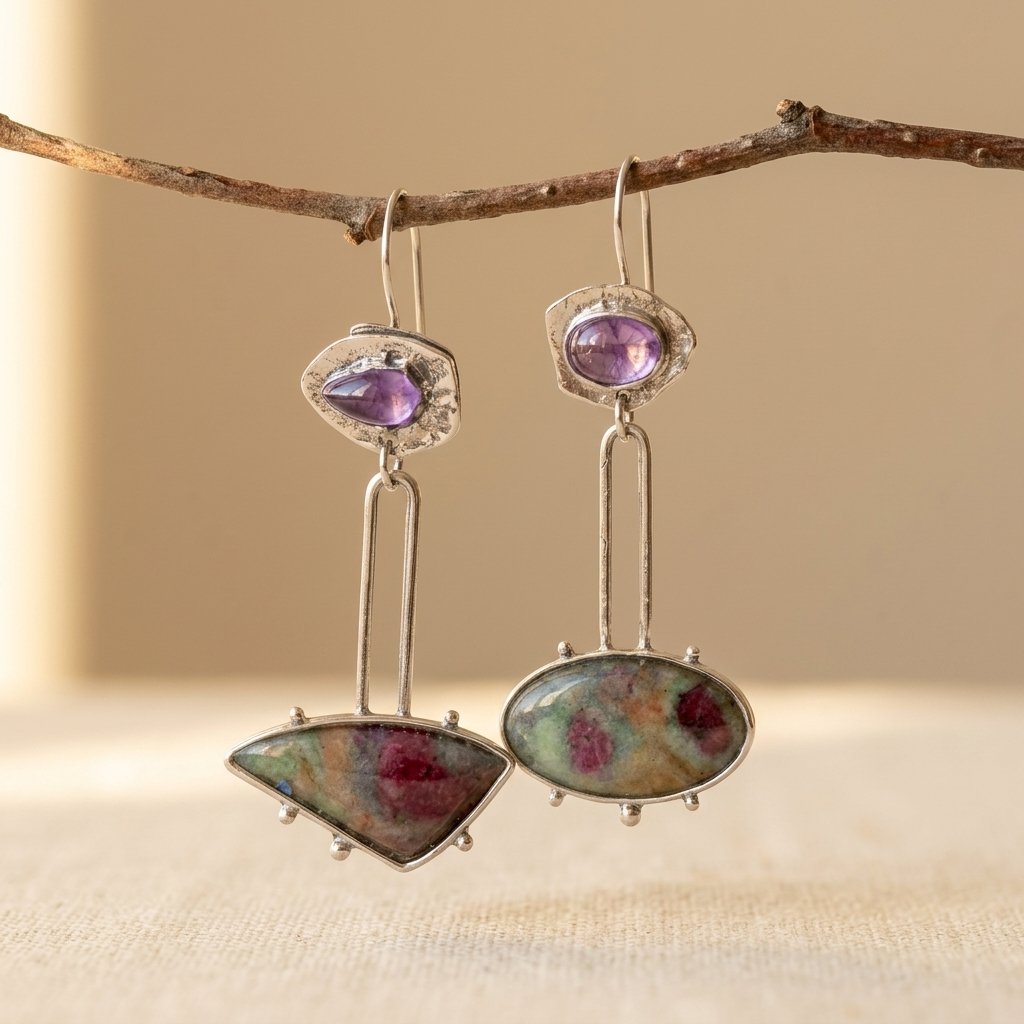 Gouden vintage oorbellen met groen en roze emaille bloem