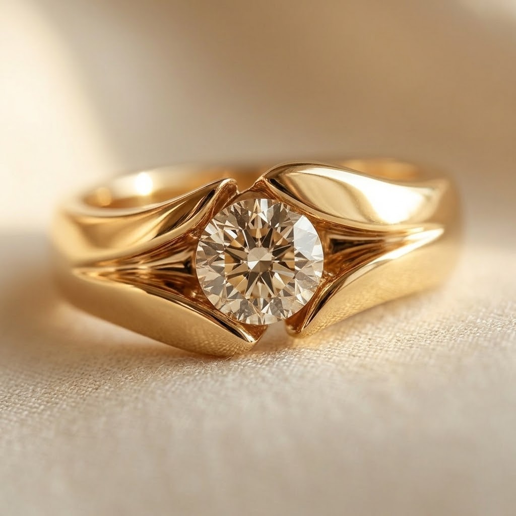 Gouden solitair ring met champagne edelsteen