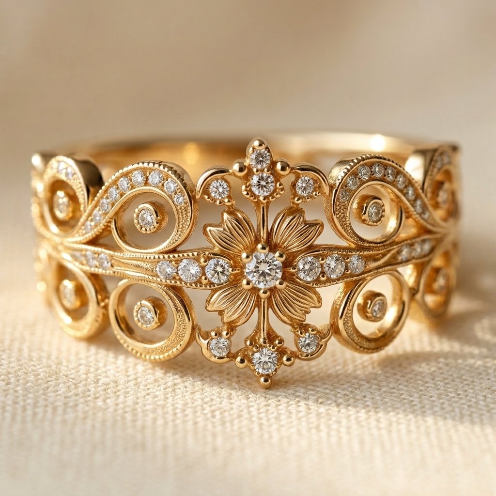 Gouden filigrain ring met bloem en zirkonia