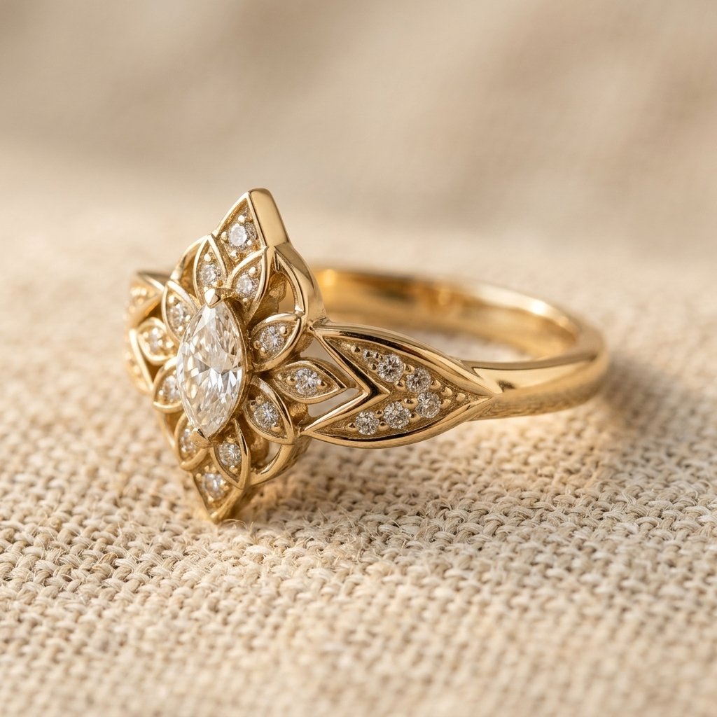 Gouden ring met marquise zirkonia in bloemkrans