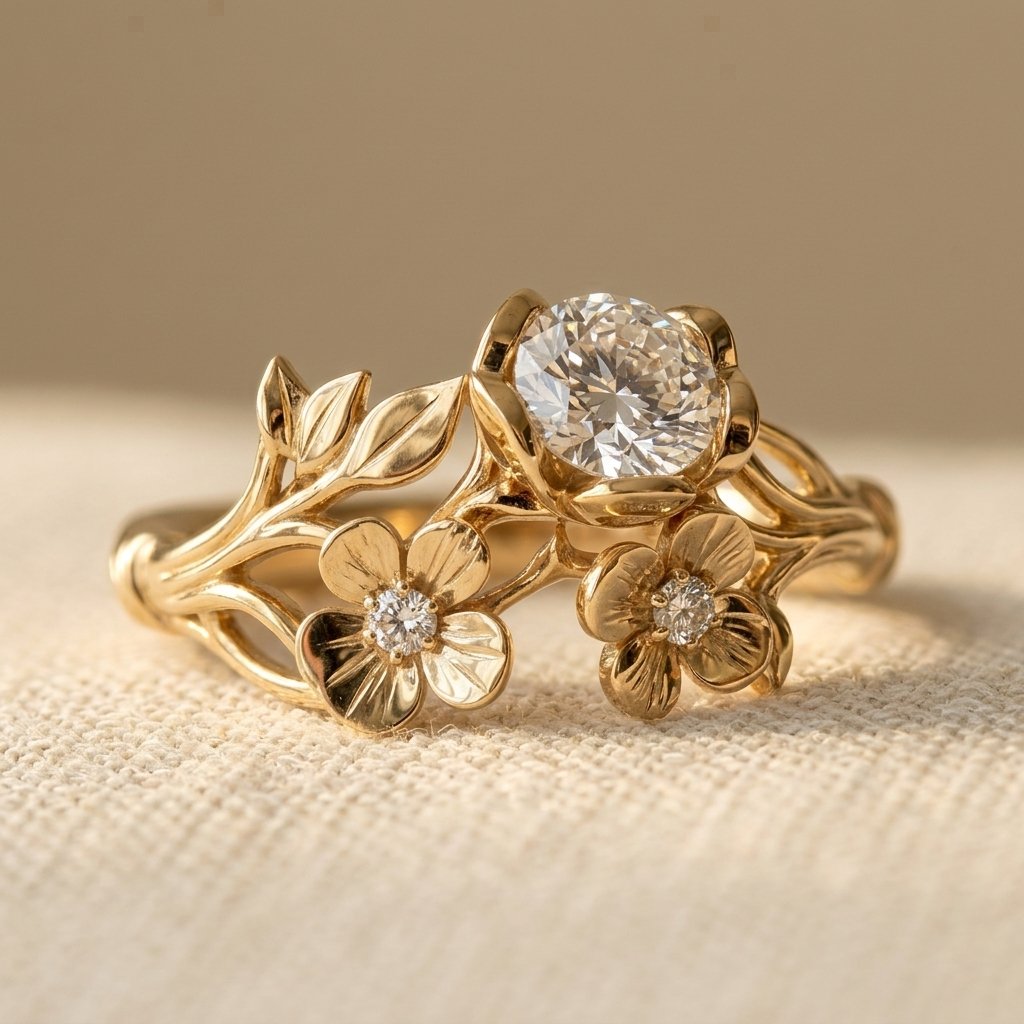 Gouden ring met bloemen, blaadjes en zirkonia