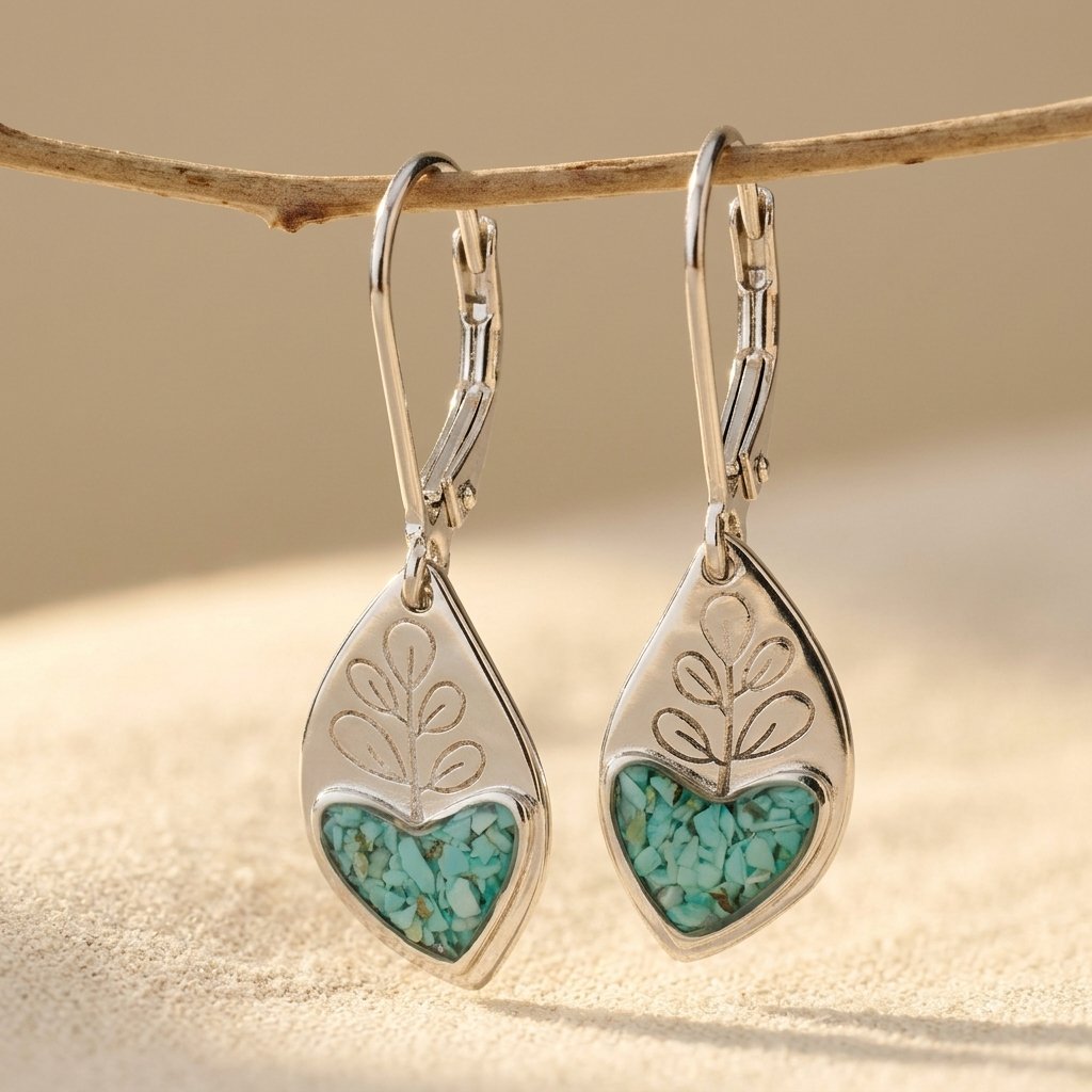Zilveren oorbellen met turquoise hart en blad