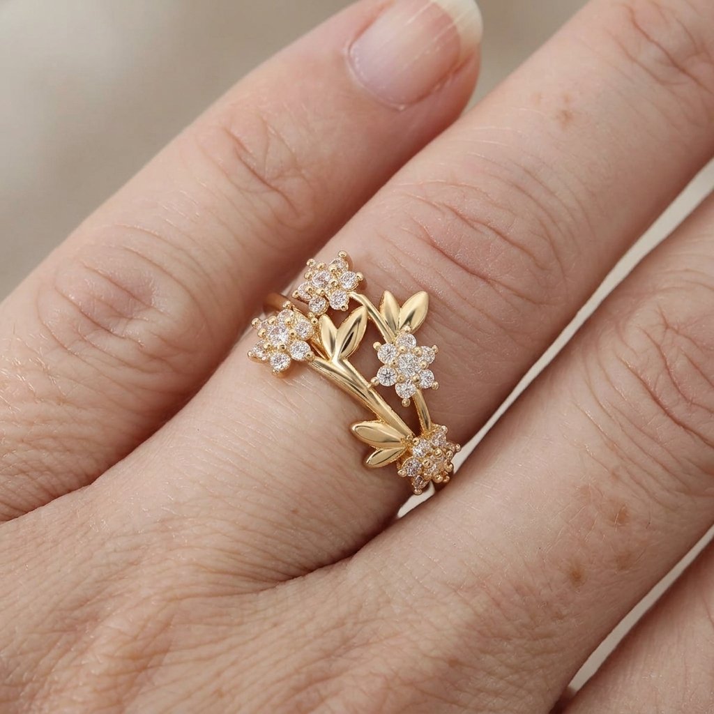 Gouden ring met bloemtros, blaadjes en zirkonia