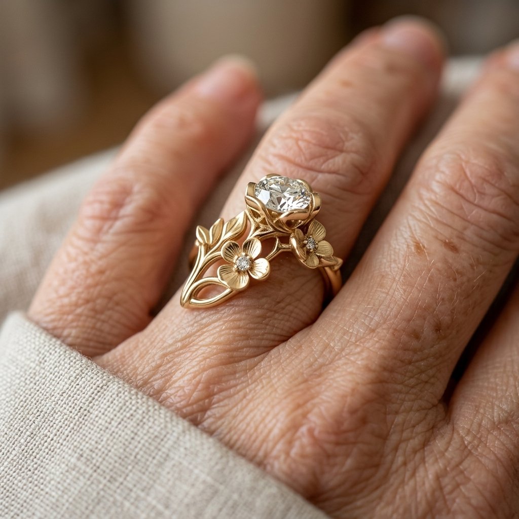Gouden ring met bloemen, blaadjes en zirkonia