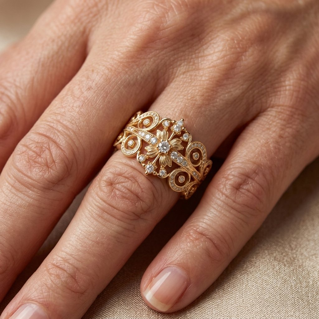 Gouden filigrain ring met bloem en zirkonia