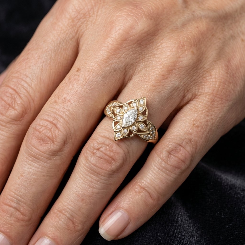 Gouden ring met marquise zirkonia in bloemkrans