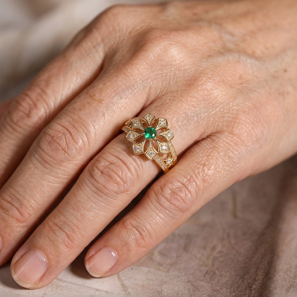 Gouden bloemenring met groene edelsteen en zirkonia