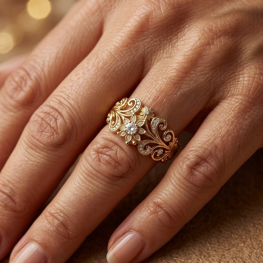 Gouden filigrain bloemenring met zirkonia