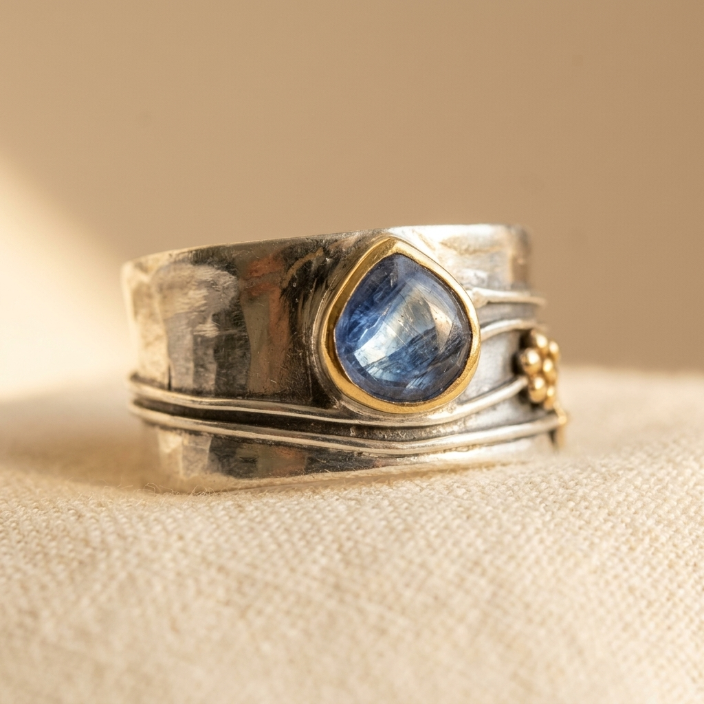 Zilveren brede ring met blauwe kyaniet in goud