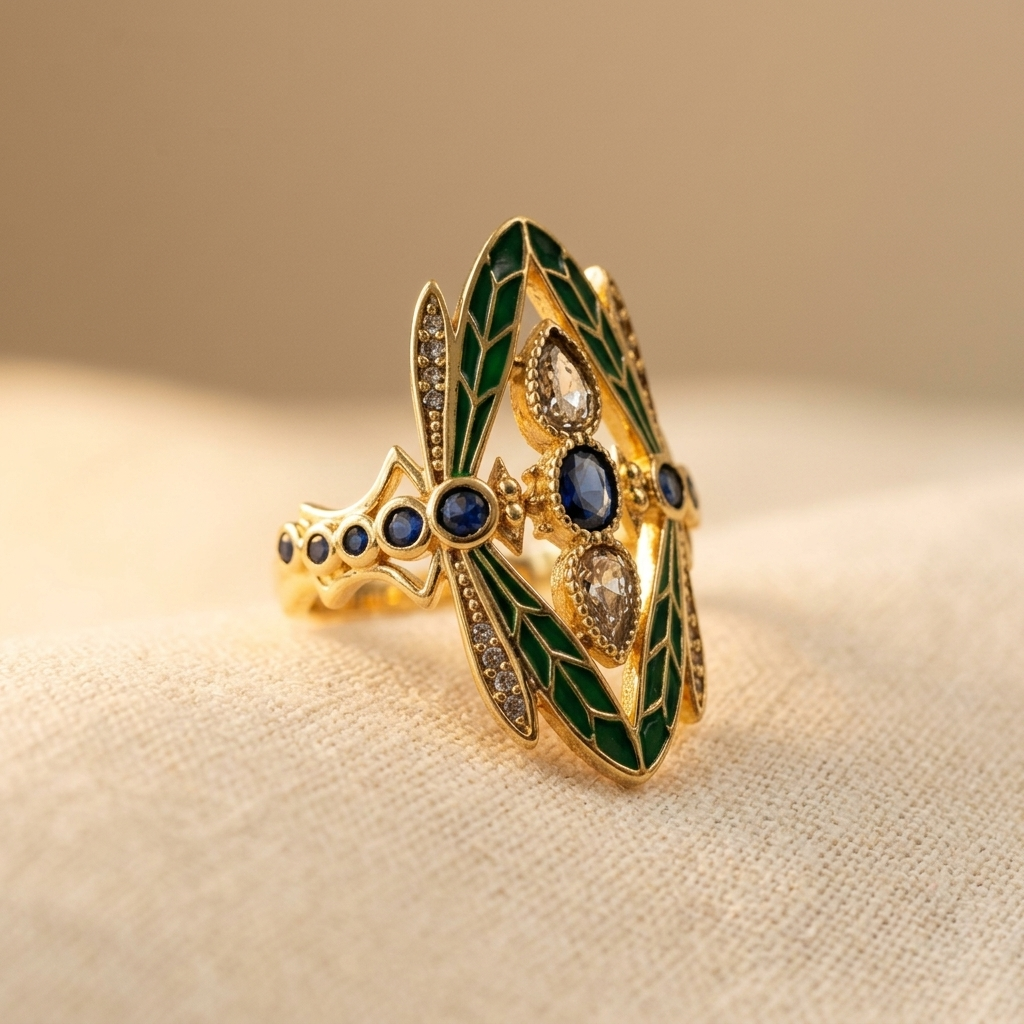 Gouden ring met groene libelle en blauwe stenen