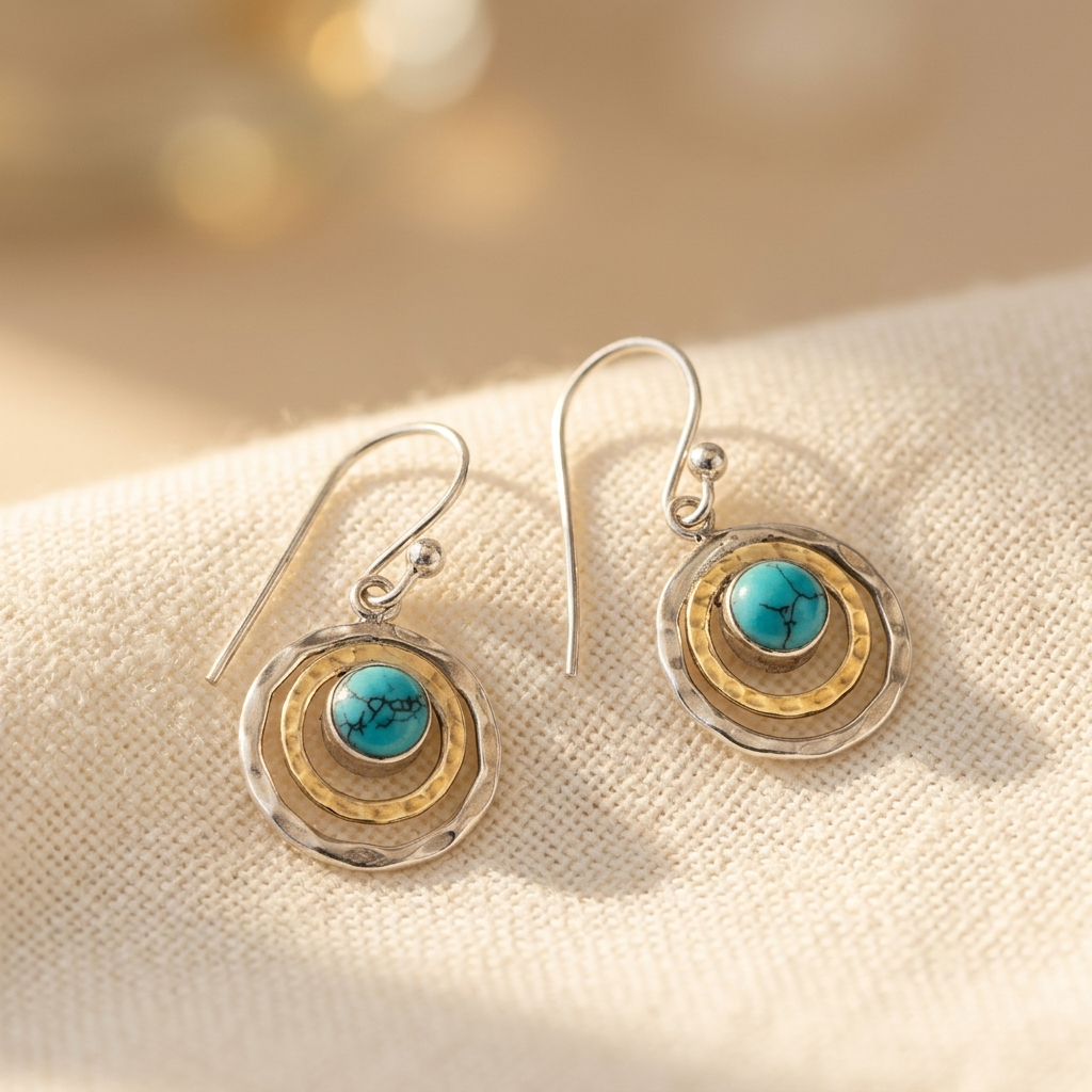 Zilveren en gouden oorbellen met turquoise steen