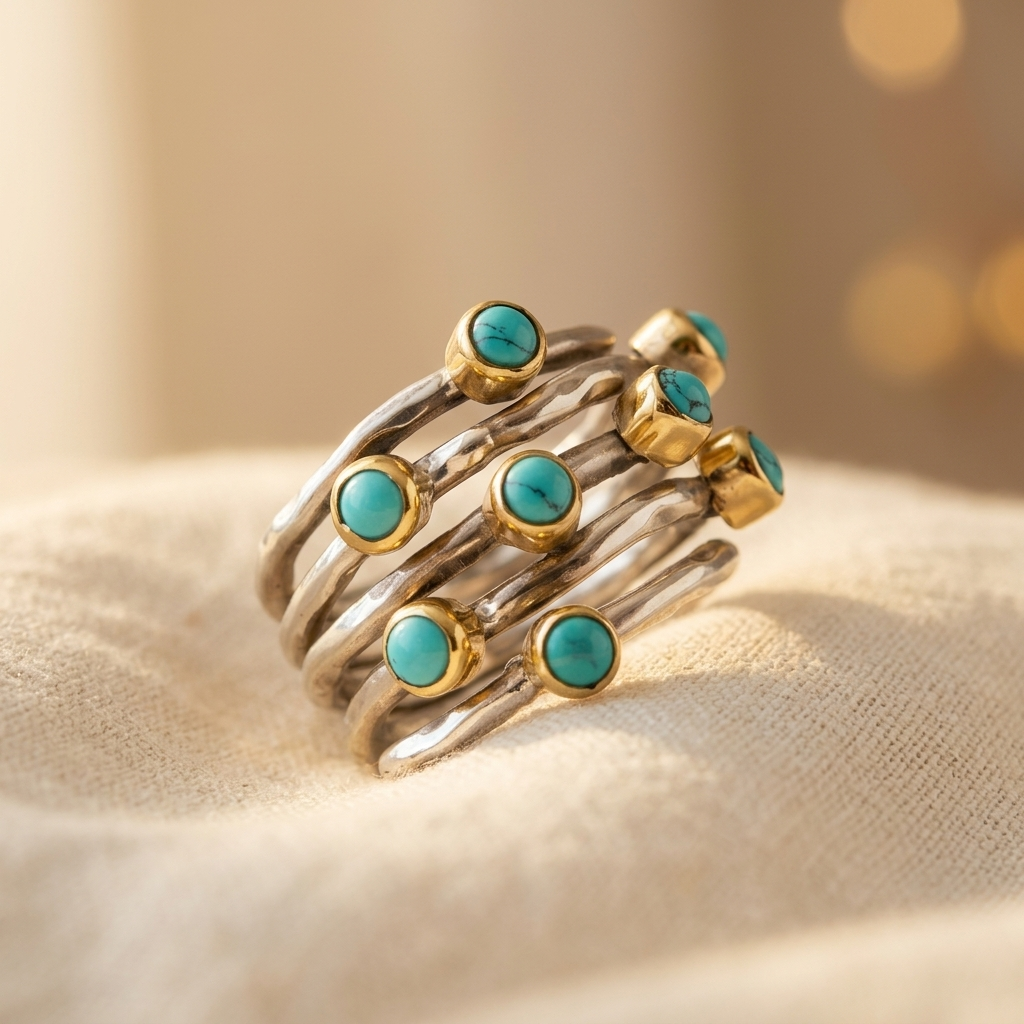 Zilveren ring met turquoise edelstenen en goudaccent