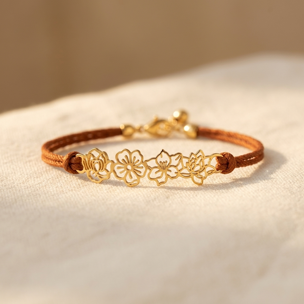 Bruine koord armband met gouden bloemen