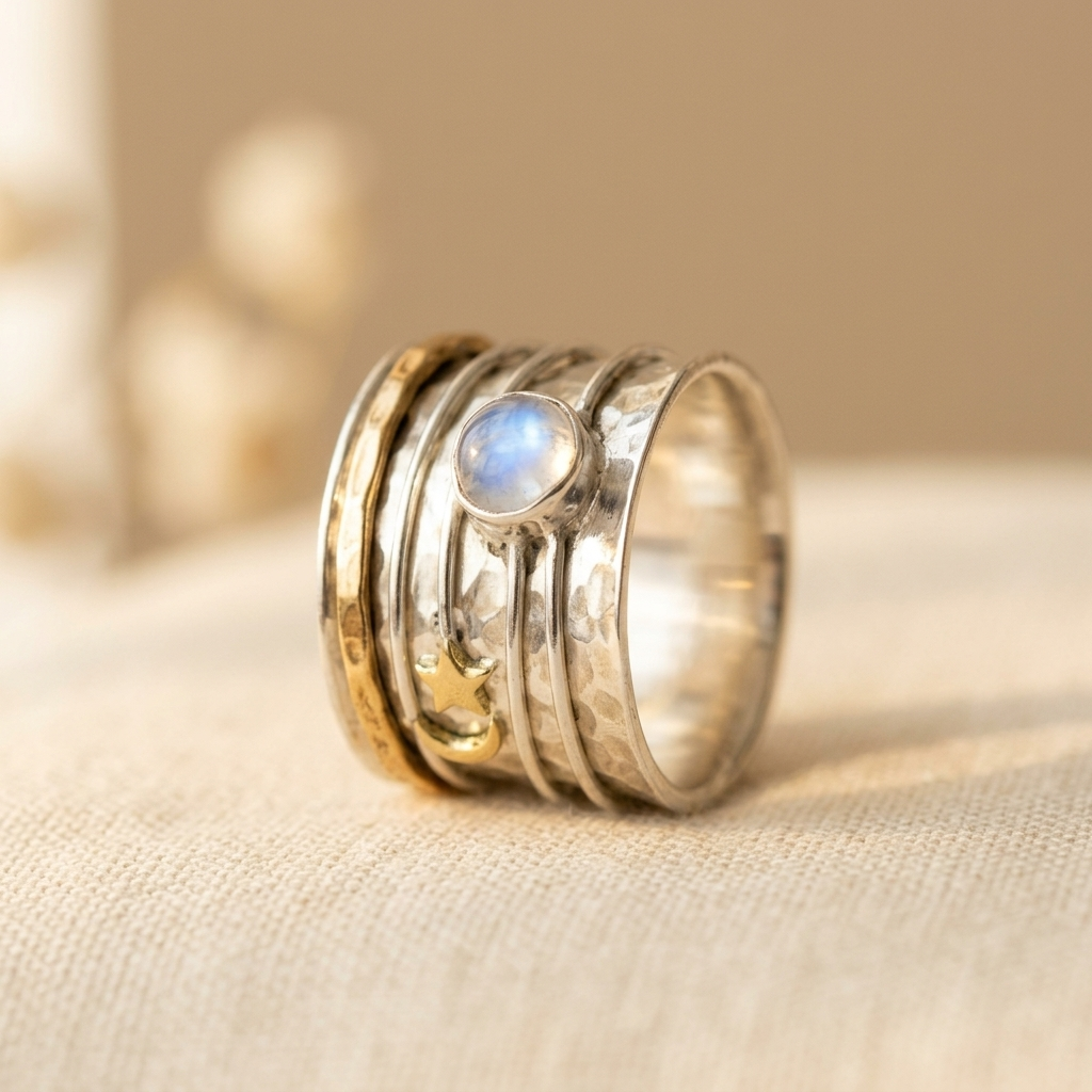 Zilveren en gouden brede ring met maansteen