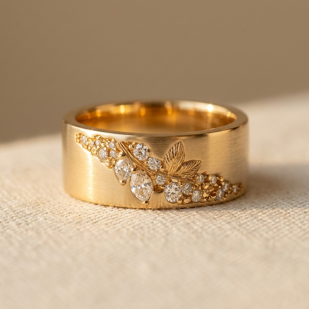 Brede gouden ring met zirkonia bladmotief